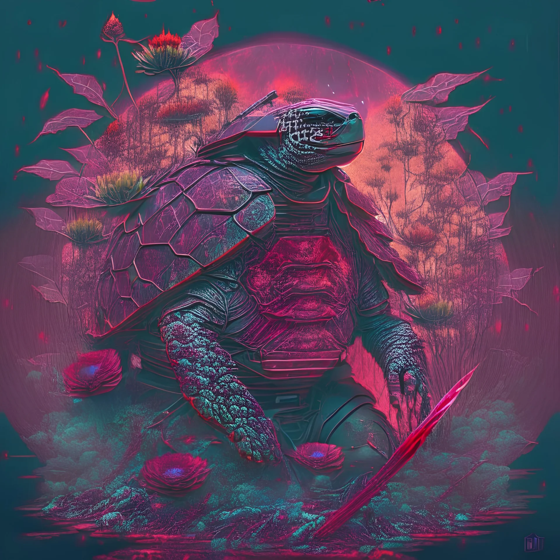 spatial turtle samurai, iridescent, blood, futuristic, guts, wildflower, cosmic, intricate, darkred tones,sidhe, ominous, nature, plants,