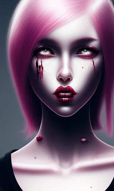 girl angry, beautiful, cute, bloody, pink hair, black sweater