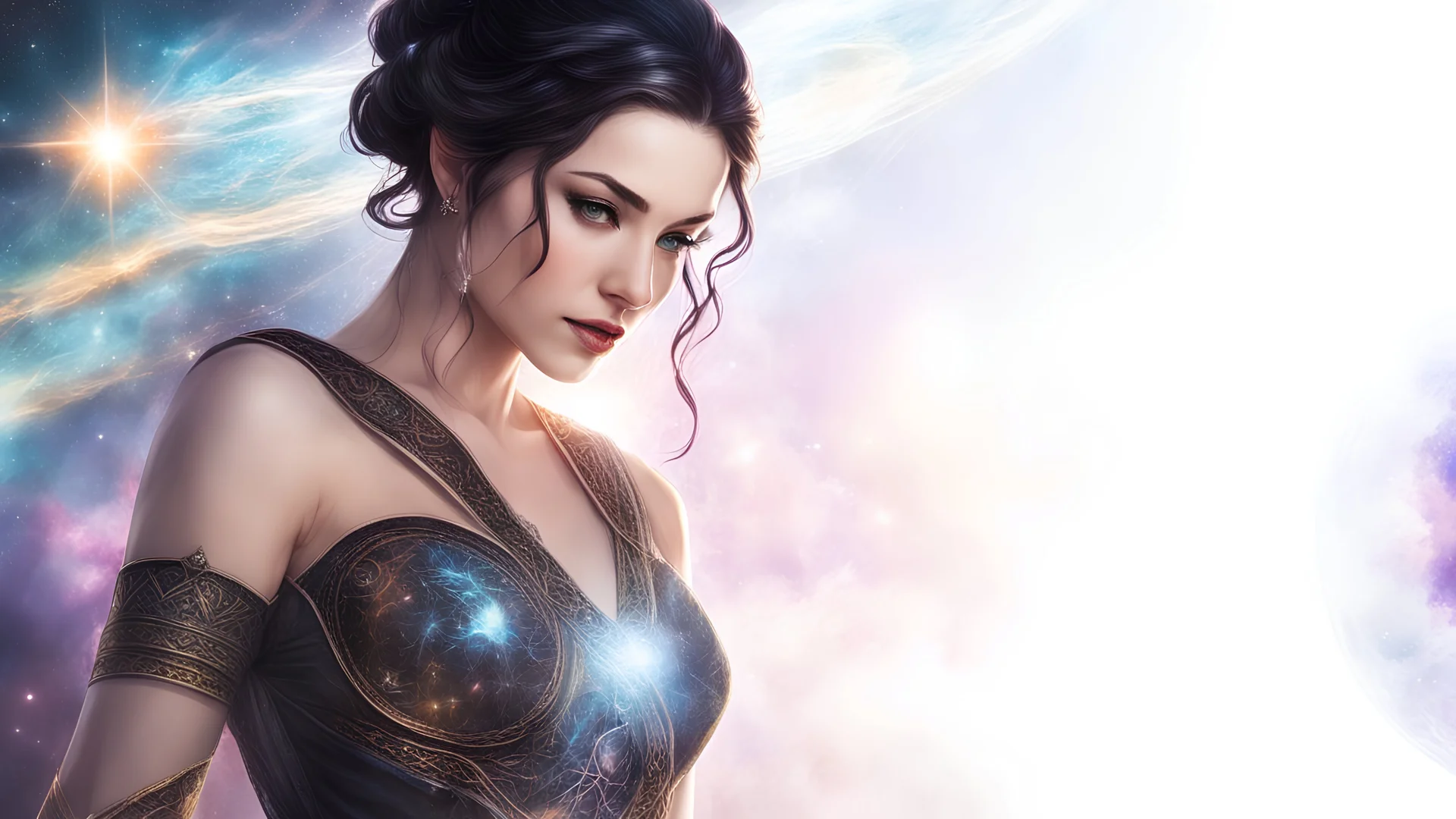 detailed photograph of a black haired beautiful female noble mage with a single braid on the side. She is wearing a form fitting wrapped dress, intricately laced and well fit, standing proud and beautiful, galaxies colliding in the background, magic, mystery, tetradic colors, she is backlit. She is a beacon of hope. Magic flows between her fingers. She has soft graceful features and wears a single braid on the side of her hair. She is proud and stoic with intense purple eyes.