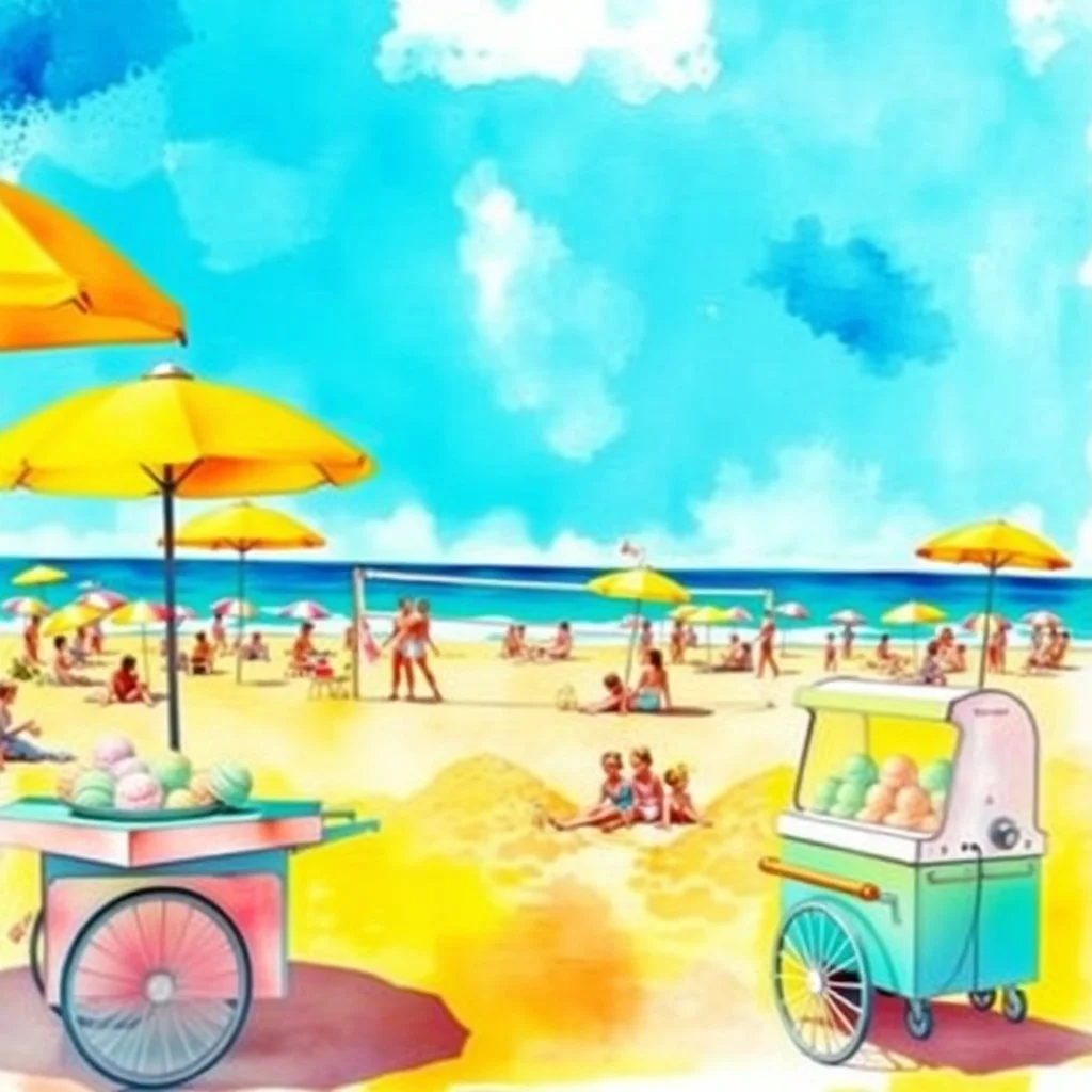 vibrant 1950s watercolor beach scene with bright retro umbrellas and stylish sunbathers. The azure sky and golden sand set the stage for playful beach volleyball and children building sandcastles. An ice cream cart offers pastel-colored scoops, adding to the cheerful atmosphere. The vivid hues of turquoise, coral, lemon yellow, and seafoam green create a joyful, nostalgic vibe