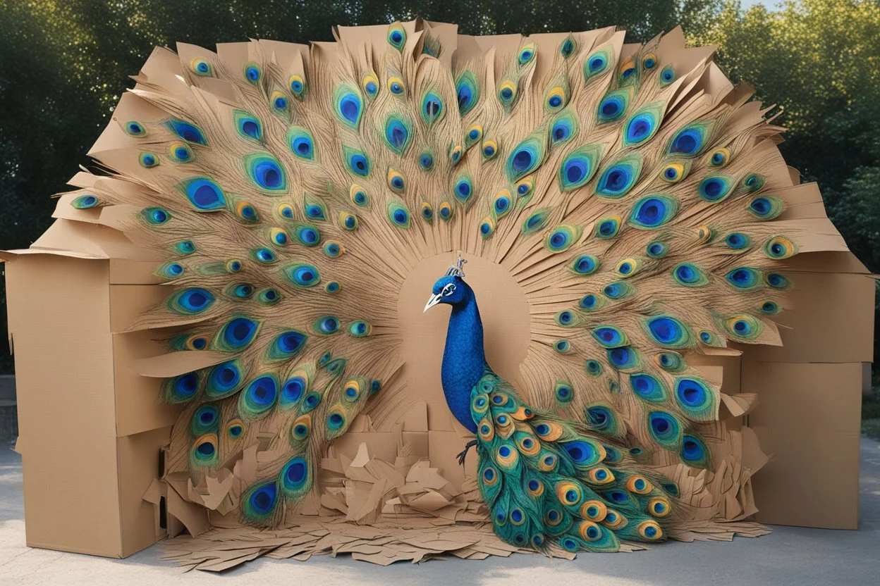 peacock scene made from torn cardboard boxes in sunshine