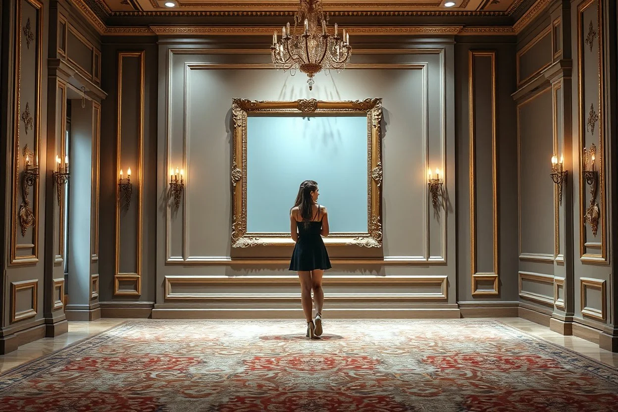a very beautiful lady photo in standing pose in pretty frame hanging a wall in a luxury galery stage with carpets in floor