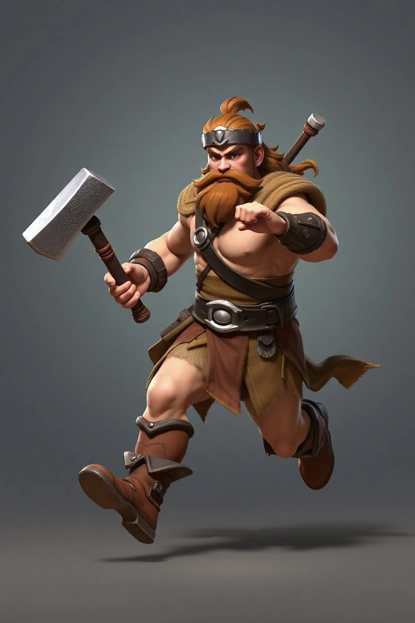Male Fantasy RPG character, barbarian, chaabi kawaii comedic proportions, lord of the rings inspiration, with hammer, in a bounding run, cgi animation character
