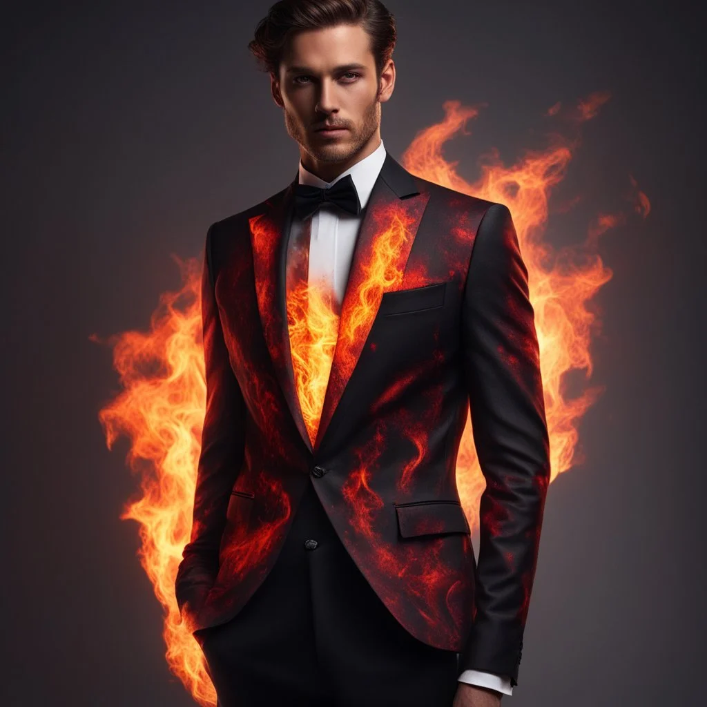 Hyper Realistic Flame-Patterned Tuxedo with maroon pant & black-formal-shirt with embers at night