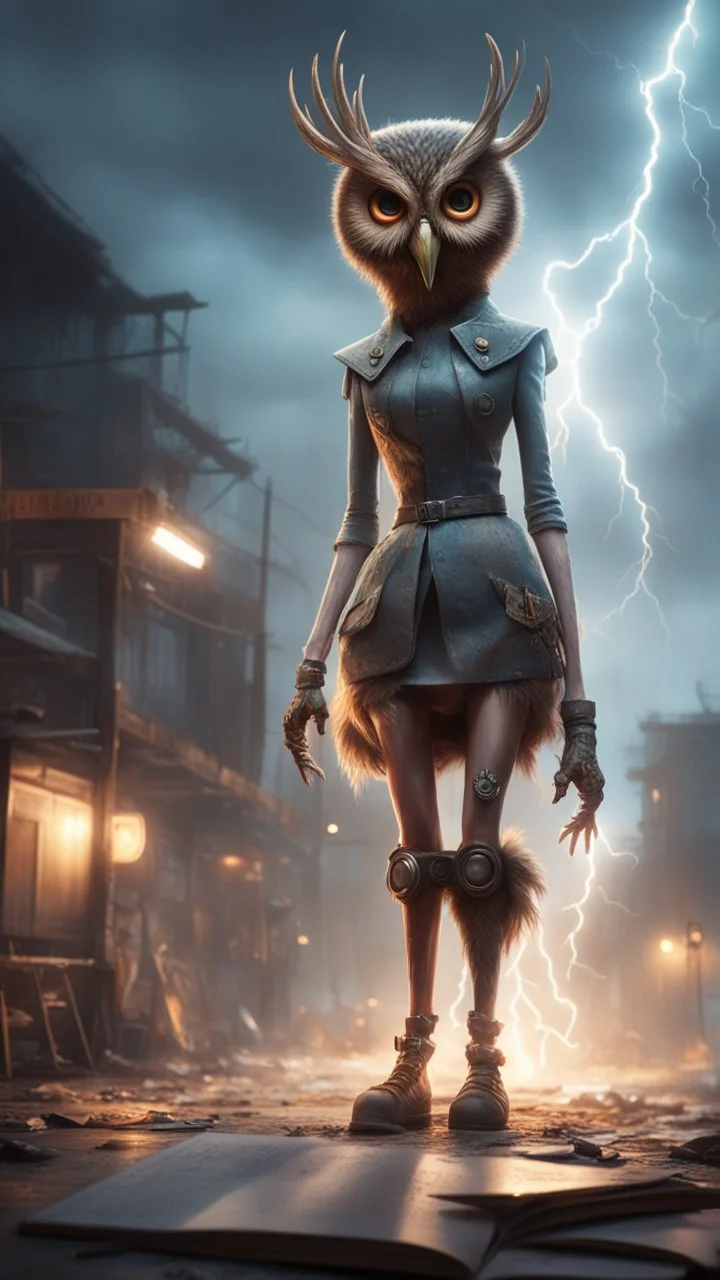 book cover illustration, fallout 4 setting, horror weird owl bear elk alien bird walking on stilts in female garments, getting hit by lightening electric arc, with big disturbed eyes,bokeh like f/0.8, tilt-shift lens 8k, high detail, smooth render, down-light, unreal engine, prize winning