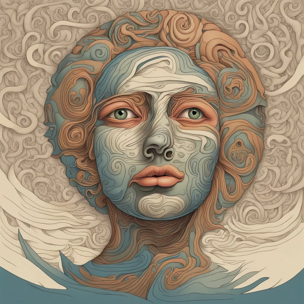 Face rind spiral peel curse, surrealism, by Andy Rementer, mind-bending illustration; album cover art