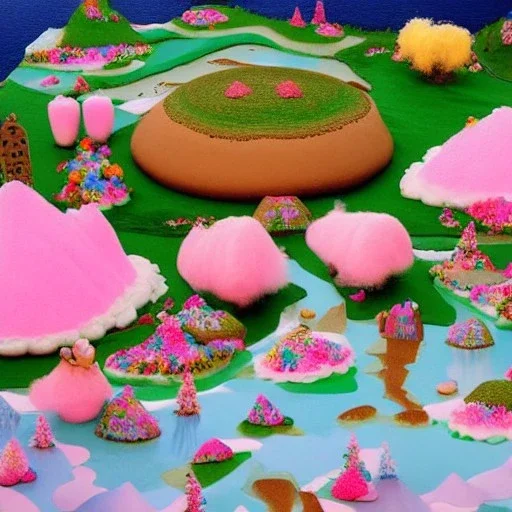 A landscape shot In the background A mountain made of cakes . above the mountain are pink and blue cumulus clouds made of cotton candy. a forest of lollipops and candy canes surround the lake. in the center a large ice cream float that is a lake. Groups Gingerbread people are sunbathing under a sunflower sun. Some gingerbread people are drinking from the lake