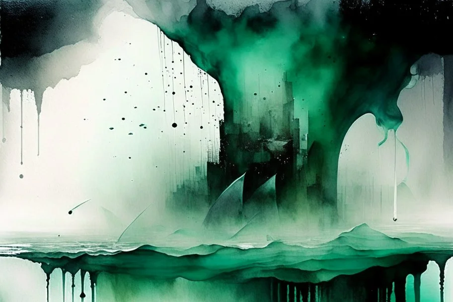 Sinking world, 3D, mist and smoke, black, turquoise (a little bit closer to the green) and white color, hard rain, and watercolor patchwork by Picasso and Caspar David Friedrich and Daniel Merriam digital painting award winning fantastic view high definition abstract surreal no watermark