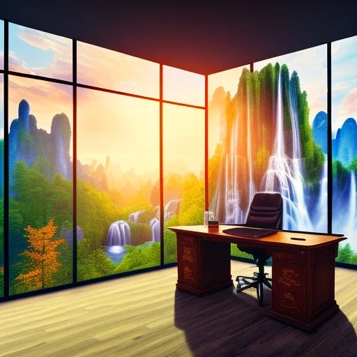 old wood sober house, large desk, parquet, sheet of paper, little pen, office chair in front of a huge picture window with large view on a waterfall with warm light, sunset ,photorealistic, detail, panorama, nature, globe, 8K, Hallelujah mountains, view first person