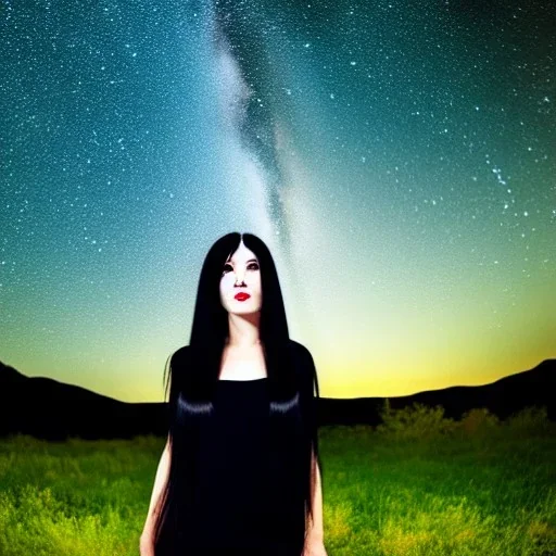 lady with long black hair and black eyes short under the Stars