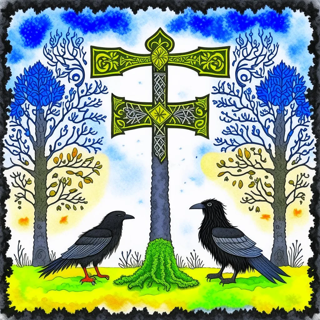 European pagan art with nature and runes and ravens and swedish flag