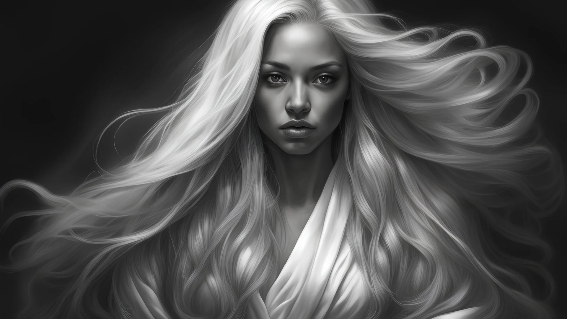 Sexy Mixed Female with long silver hair ,covered in robes . Chiaroscuro, hyper realism, realistic, highly detailed, high contrast black and white, sharp