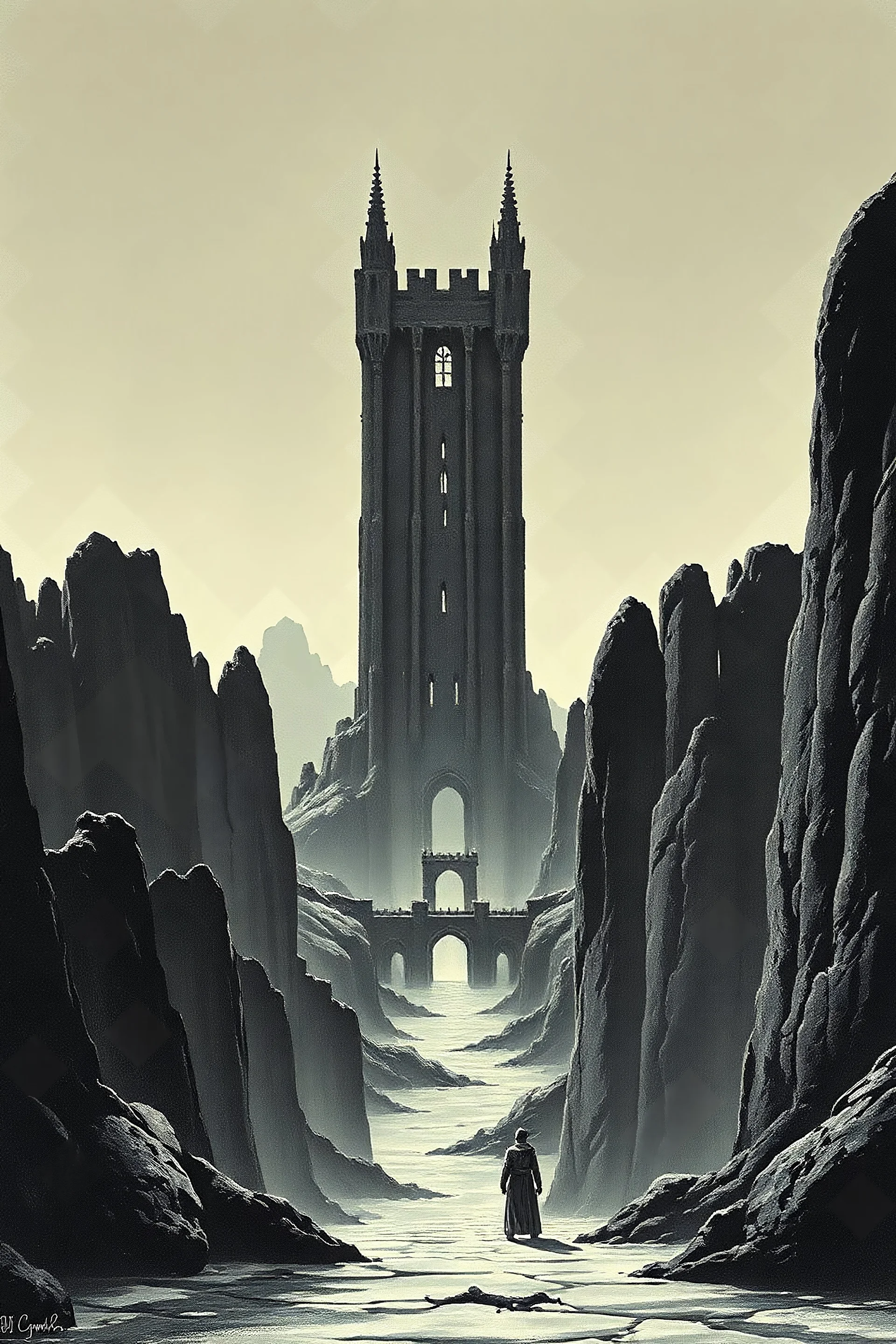 1970’s dark fantasy book cover paper art dungeons and dragons style drawing of a large distant tower with minimalist far perspective