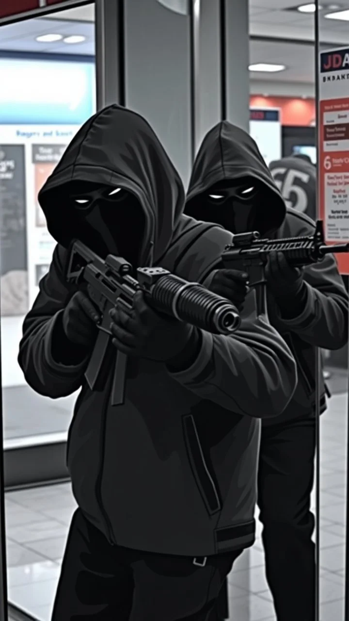 Bank robbery by hooded masked thieves carrying a machine guns