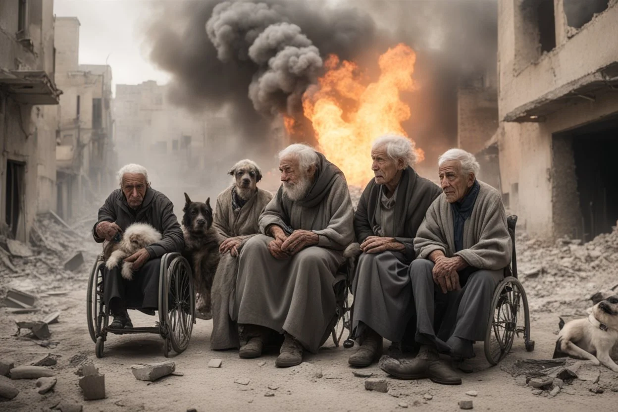 10 bloody elders in with sad dogs in wheelchairs trying to escape from falling bombs in a ruined city in Palestina, smoke and fire and explosions