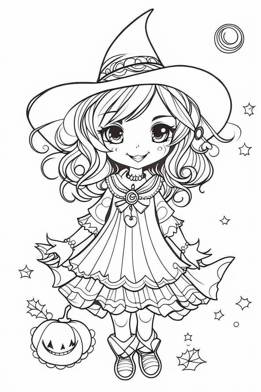 outline art for cute Halloween coloring pages with witch, white background, Sketch style, full body, only use outline, Mandala style, clean line art, white background, no shadows and clear and well outlined