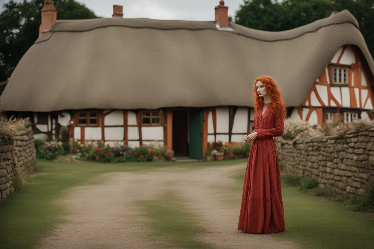 Full body shot of a tall slim pretty, red-headed young woman, dressed in a long flowing colourful dress, standing in front of a row of cottages and shops with thatched roofs, casting runes in the air