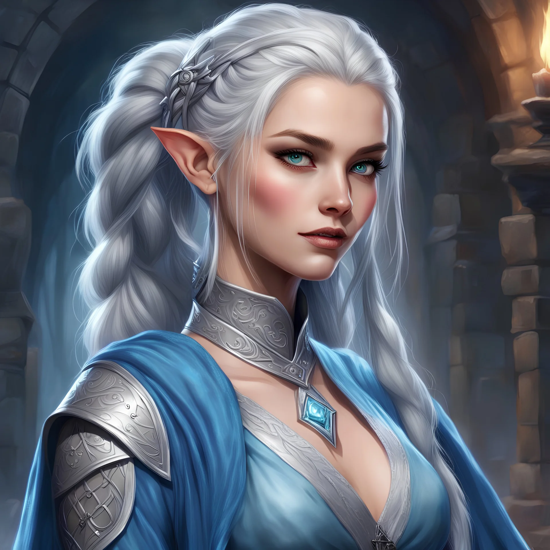 dungeons & dragons; fantasy; digital art; female; sorceress; silver eyes; silver hair; braided ponytail; young; long veil; teenager; pretty; half-elf; cute; welcoming; confident; elegant clothes; warm colored clothes; clothes with blue fabric