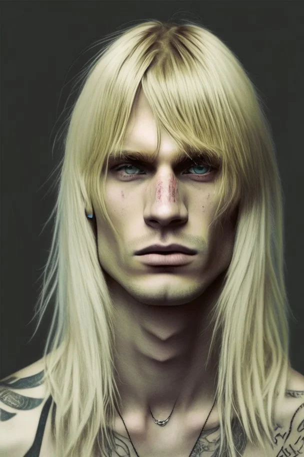 Long blond straight hair with bangs, neck tattoos, blind, round face, man