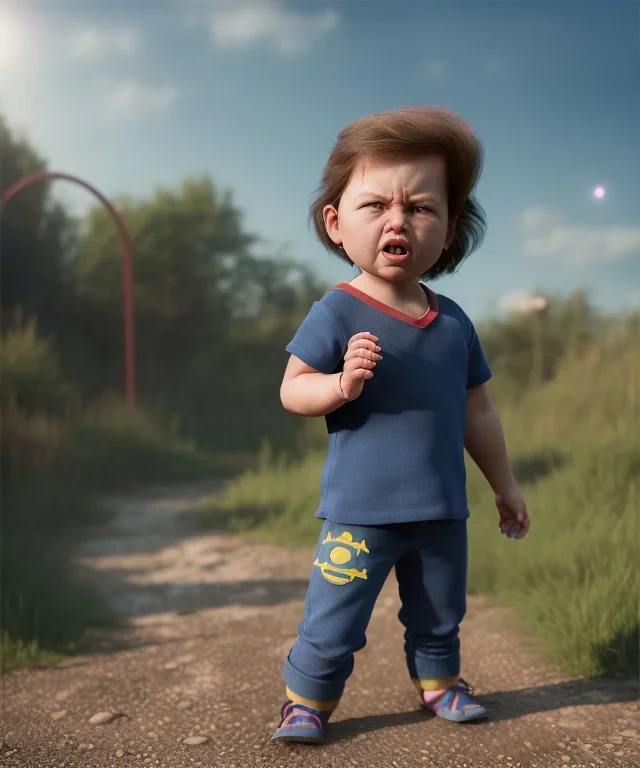 Penny Hofstadter toddler, full body, dramatic lighting, angry, hyper realistic,