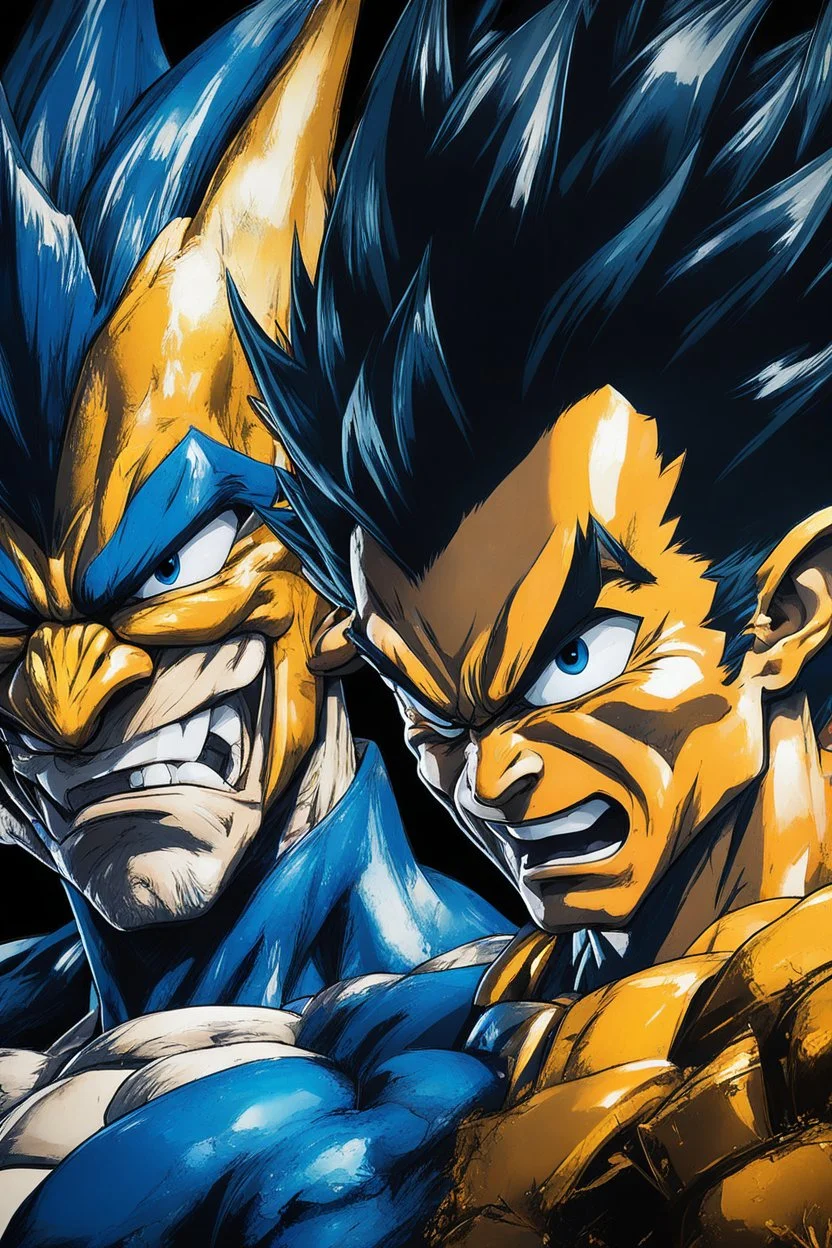Poster in two gradually, a one side "vegeta face", another side "goku face", midle faces, painting by Yoji Shinkawa, darkblue and GOLD tones,sinister, detailed iridescent, metallic, translucent, dramatic lighting, hyper futuristic, digital art, shot with Sony Alpha a9 Il and Sony FE 200-600mm f/5.6-6.3 G OSS lens, natural light, hyper realistic photograph, ultra detailed -ar 3:2 -q 2 -s 750,