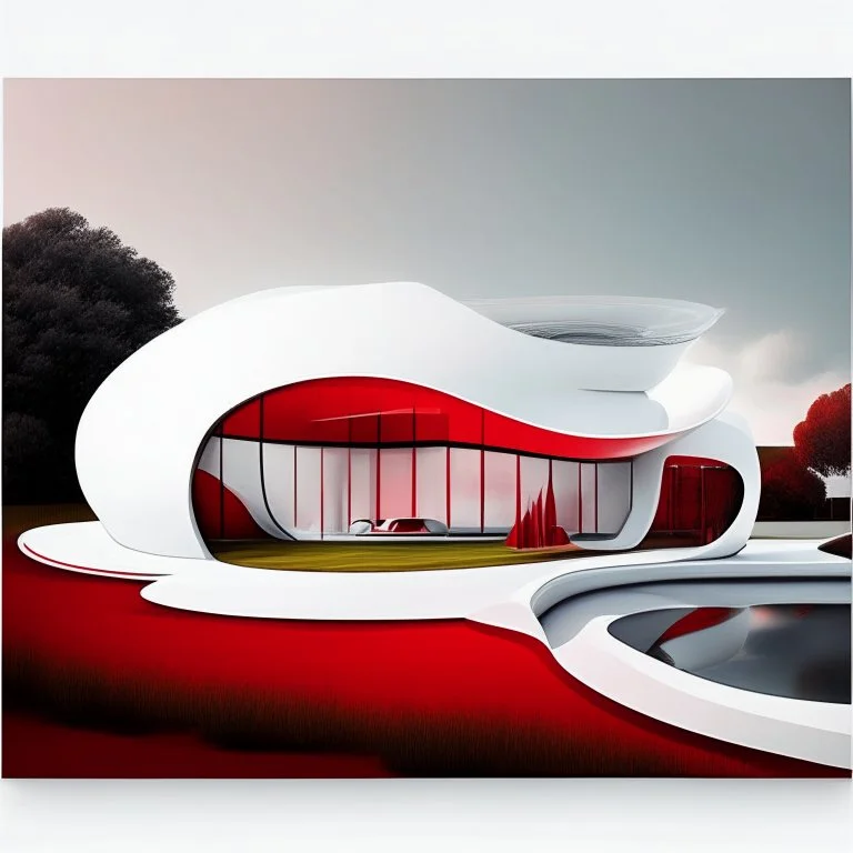 Draw an lineal illustration of a red and white country house, oval and round shapes, modern, minimalist style, ultra quality, detailed, Zaha Hadid style, Zaha Hadid style