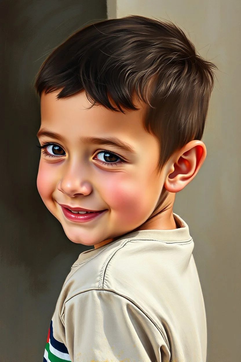 A five-year-old Palestinian boy with a beautiful face, turning his face to the right, a slight smile, his mouth closed, no teeth visible, his eyes looking to the left, he looks drawn with oil paints