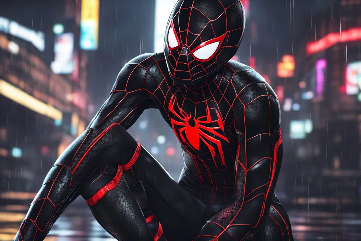 Miles morales in 8k nier automata drawing style, venom them, cinematic mood, neon effect, close picture, rain, highly detailed, high details, detailed portrait, masterpiece,ultra detailed, ultra quality