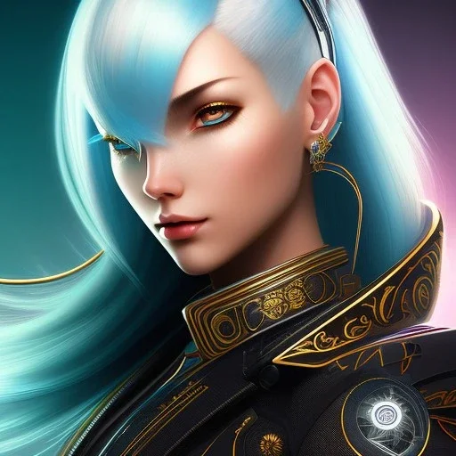 Woman Cyborg samurai, light blue hair, messy hairstyle, pierced ears, oversize latex coat, neon, golden eyes, waist up portrait, 8k resolution, intricate details, ornate details, soft lighting, vibrant colors, masterpiece, intricate eyeliner, dark eyeshadow, eyes, intricate tattoos, gradient color background