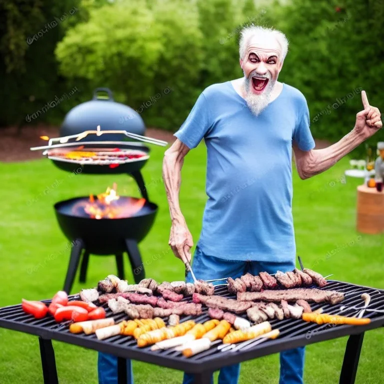 serious crazy man in his sixties in his yard, having a barbecue