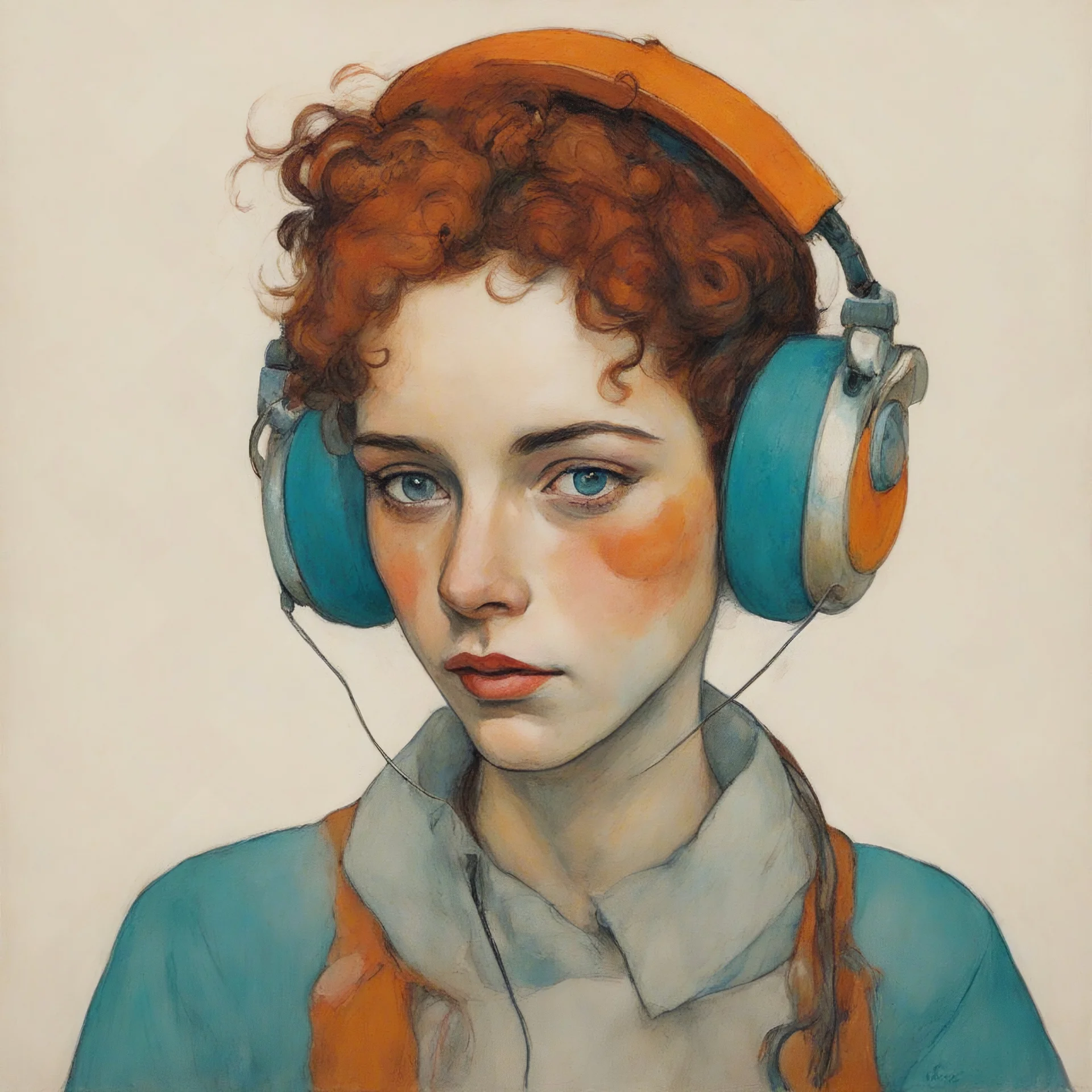 Egon schiele painting of a cute woman, with freckles, , headphones orange, pink, turquoise, yellow colors