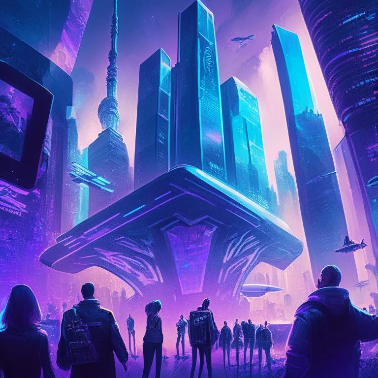 A group of people gather in a futuristic plaza, surrounded by towering skyscrapers and holographic advertisements. The plaza is filled with blue and purple light, and flying vehicles can be seen in the background. Digital art