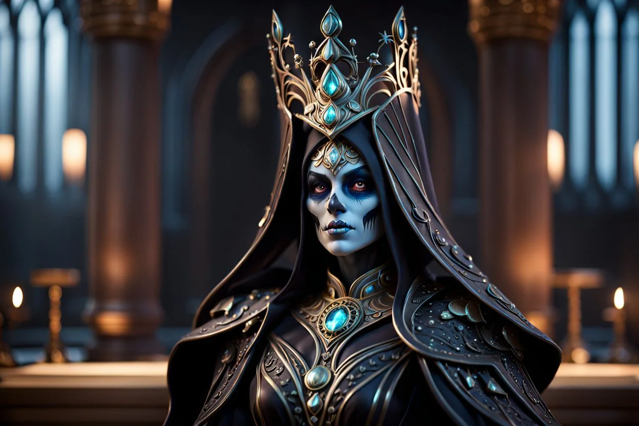 Fearsome female lich, Frightening, Cinematic lighting, Volumetric lighting, Epic composition, Photorealism, Bokeh blur, Very high detail, Sony Alpha α7, ISO1900, Character design, Unreal Engine, Octane render, HDR, Subsurface scattering