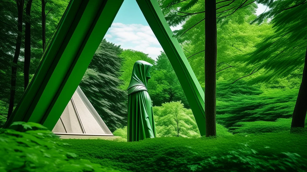 Un maniquí sin rostro vestido de toga mira por una ventana triangular un jardín donde los árboles son esferas perfectas y el cielo tiene un verde metálico.