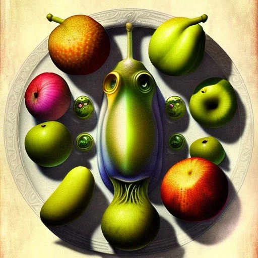 plate of various alien fruits from another planet, photograph