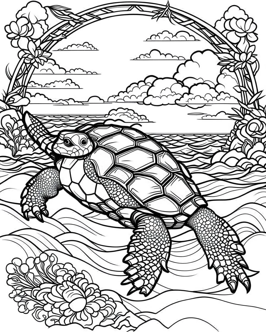 coloring pages for kids, Pacific island shaped Japanese ink painting, paradise, sea turtles, yellow sun, a Polynesian warrior , Art drawing .super detailed, anime cartoon style, thick lines, low detail, black and white, no shading, --ar 85:110