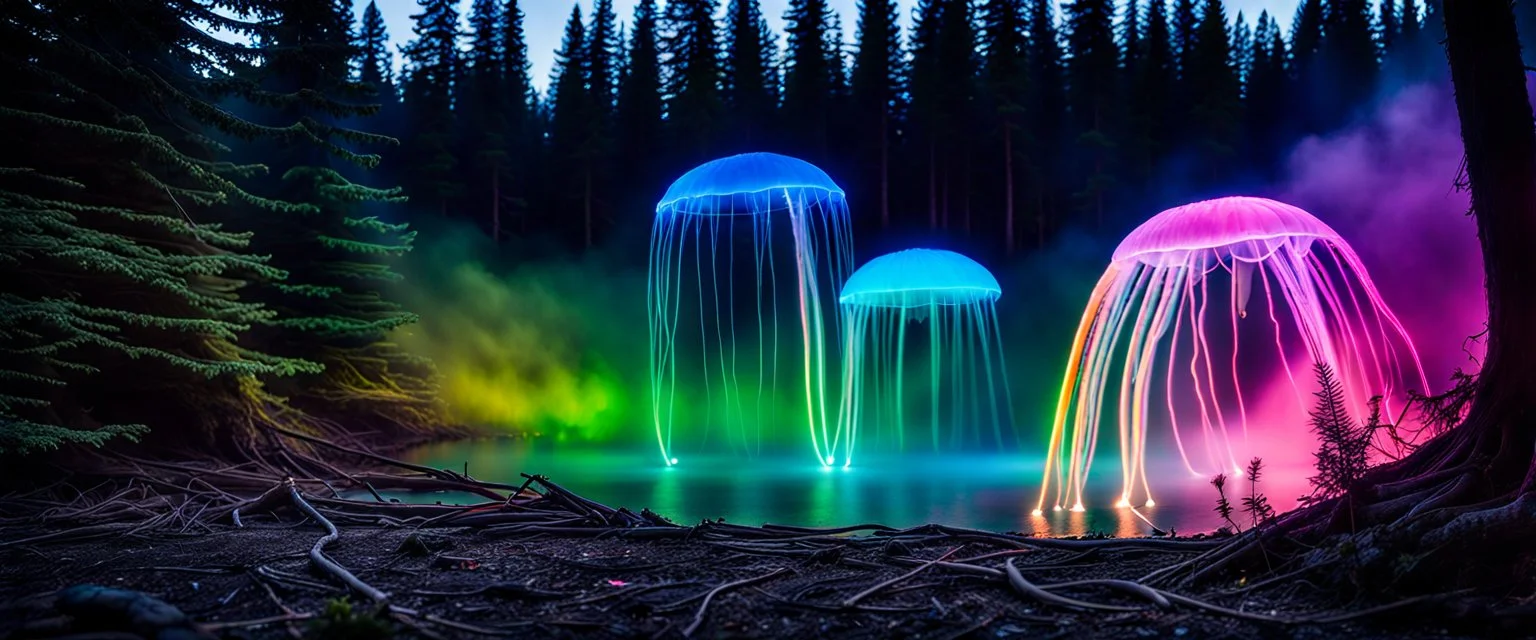 giant bio luminous Rainbow floating high, long JellyFish, light floating in a forest, mist, light trails, nighttime, long exposure, Treeline, Alberta, scientist, Dystopian, Hyper detailed, Realistic, Extreme depth of field, bokeh blur, Alberta all-natural, National Geographic, in the style of candid, imperfection, natural lighting, cinematic, Fuji Film, Anamorphic lens, 2040s, --ar 4:5 --w 150 --style raw