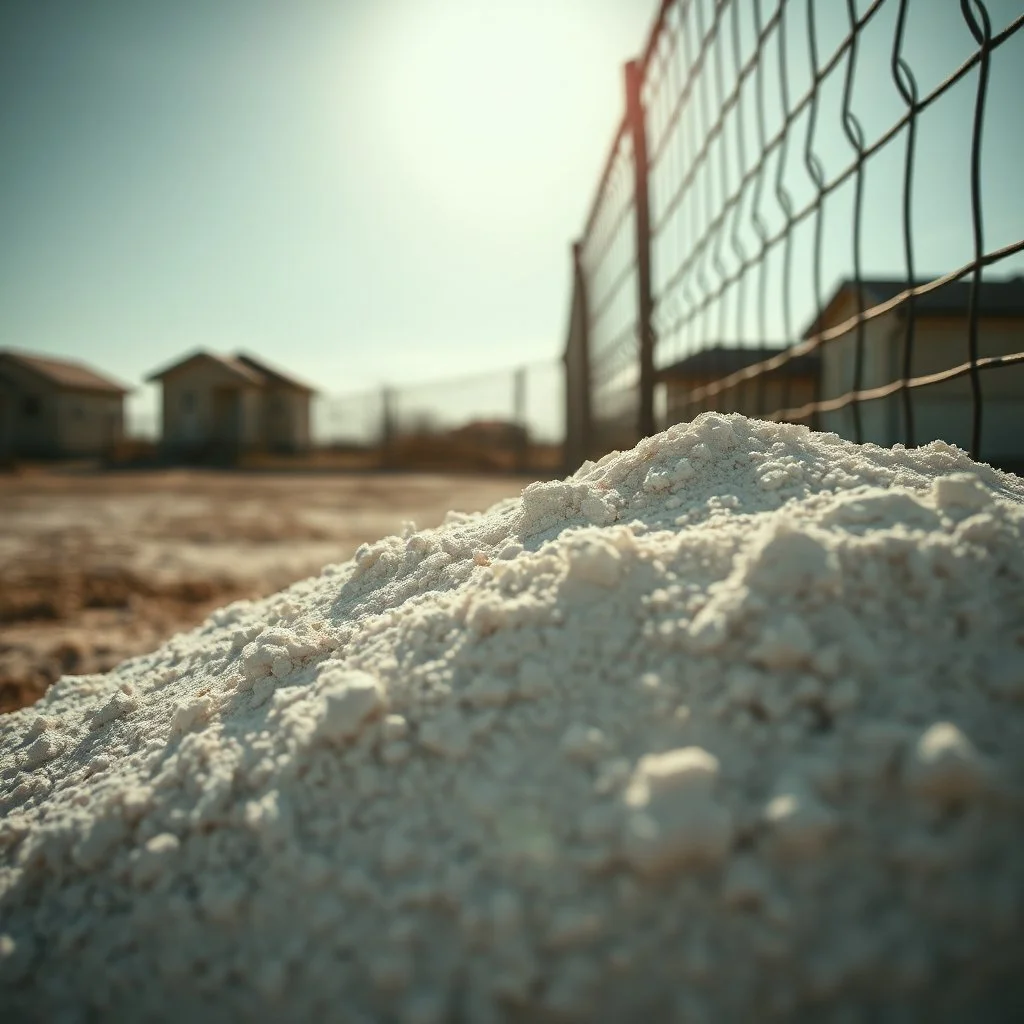 Photograph, wasteland, noon-light, huge fence in the background, bright, daylight, details of the powder very accentuated, high contrasts, fence, powder, aluminum, row of houses, close-up of an surface, glossy, organic, strong texture, fiotti.