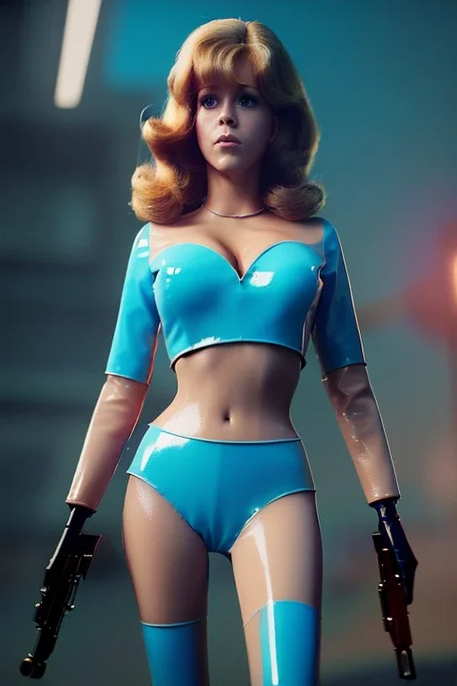 retro sci-fi press image, explosions supermarket from 1960, sweet young Jane Fonda, tight latex suit, weapon, fighting stance, soft color, highly detailed, unreal engine 5, ray tracing, RTX, lumen lighting, ultra detail, volumetric lighting, 3d, finely drawn, high definition, high resolution.