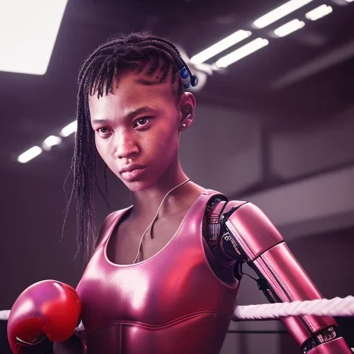 Cyberpunk robot, black girl, boxing in the ring, unreal engine 5, octane render,cinema4d, dynamic lighting, 8k, redshift render, highly, hyperrealism ultra detailed, hyper realistic.