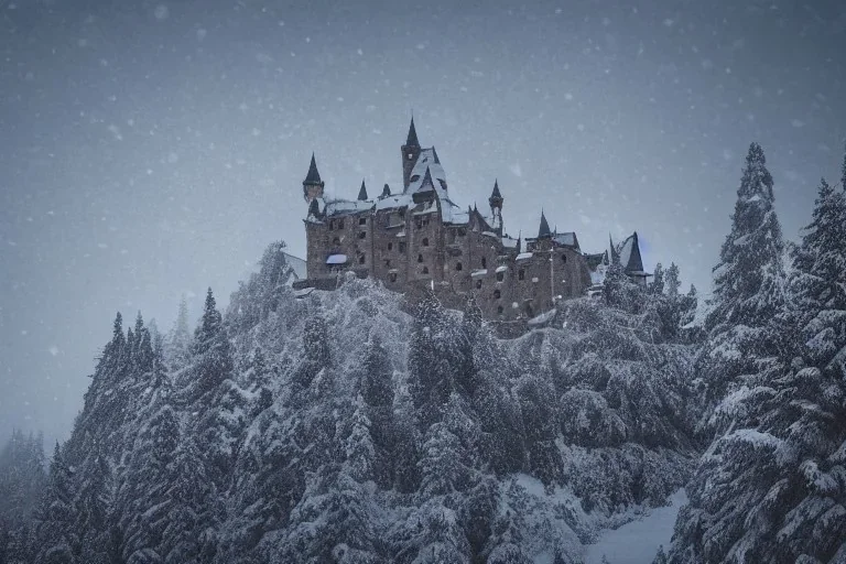 castle on a snow capped mountain, abstract, dark, medieval