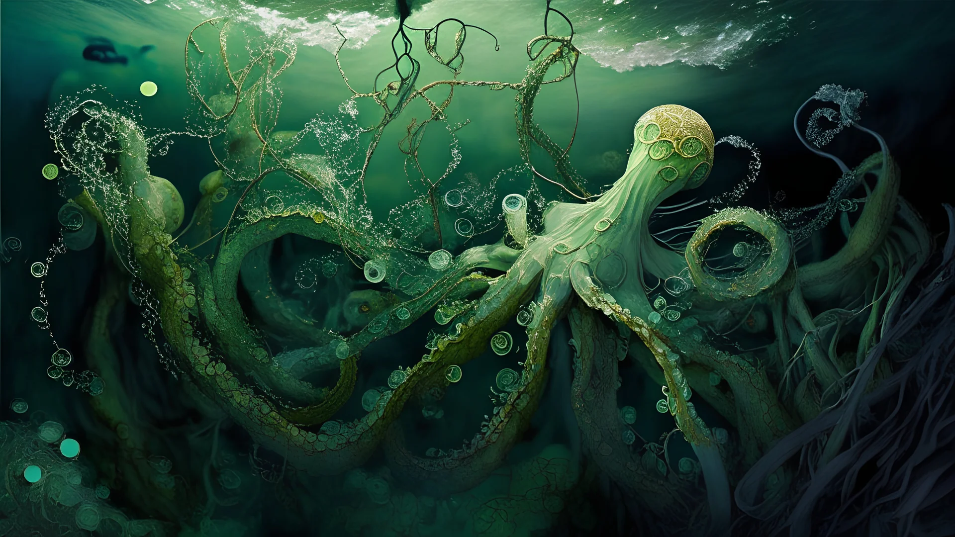 Underwater octopuses, algae and muses dance tangled to the beat of the tide