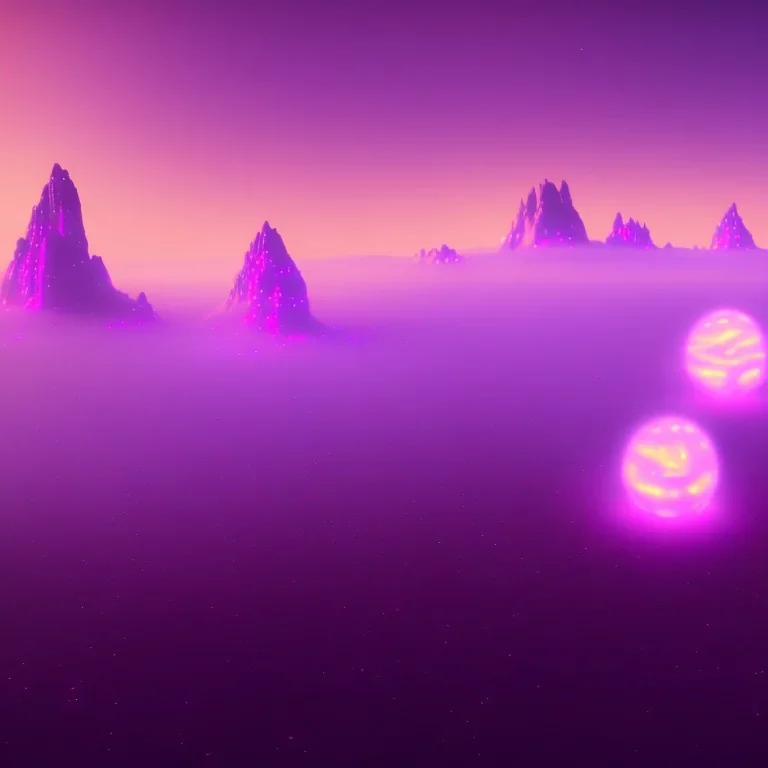 ALIENS FLOATING in the fog, spherical clouds, mountains, GLOWING, PURPLE, orange, pink, stars, TOWERS, 4K, 8K, CINEMATIC