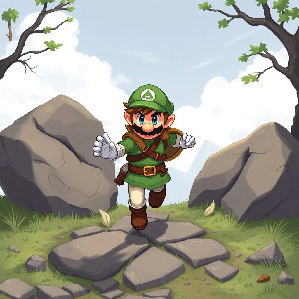 Male Fantasy RPG character, chaabi kawaii mario proportions, lord of the rings inspiration, with a coin held out in front, in a bounding run out from behind a large rock), 3/4 view, isometric game
