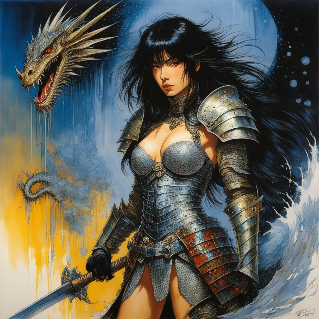 [art by Ralph Steadman] Masamune Shirow style: fantasy oil painting of Clad in chainmail armor that gleamed in the dim light, she stood beside the fallen corpse of her enemy, a small dragon, its scales shimmering in the fading sunlight. Her long brown hair cascaded over her shoulders like a waterfall of silk, framing her stern yet beautiful face with an air of defiance. With one hand resting on the bloody sword, its blade piercing the dragon's skull and embedding itself into the earth, she exude