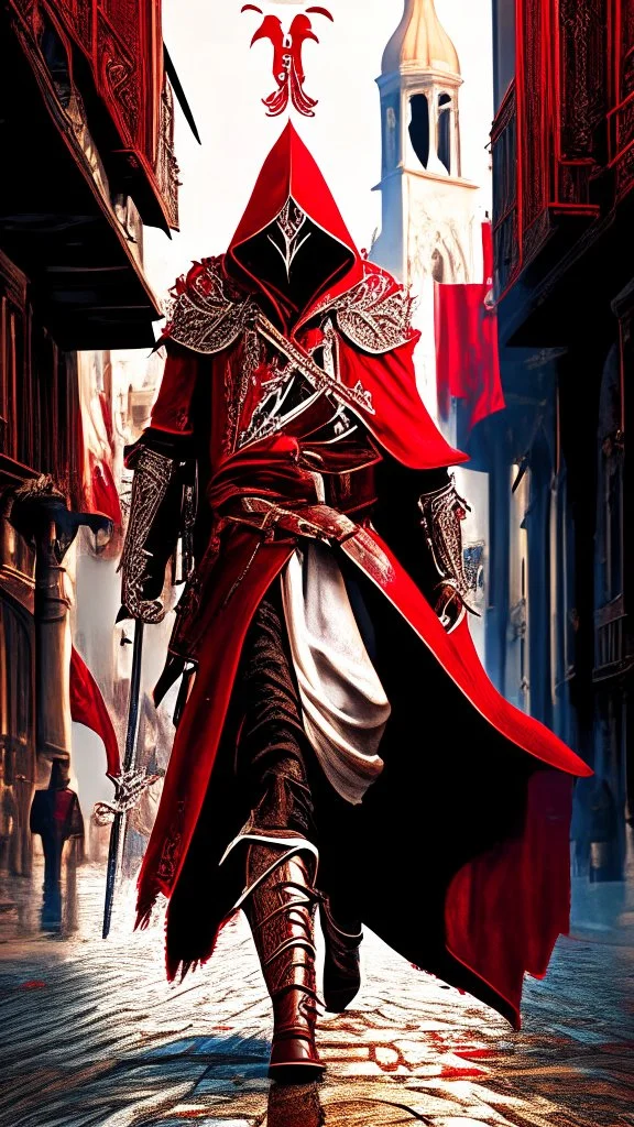 Assassin creed con dagas y espadas detalles en los pantalones en el pecho y en las botas caminando por Venezia capa arte pop hiperdetallado detalles intrincados obra de arte blanco rojo 8k