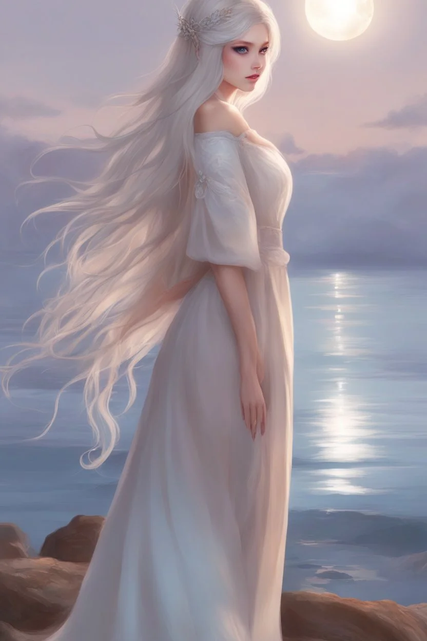 Moon queen long white hair, off shoulder dress, blue eyes