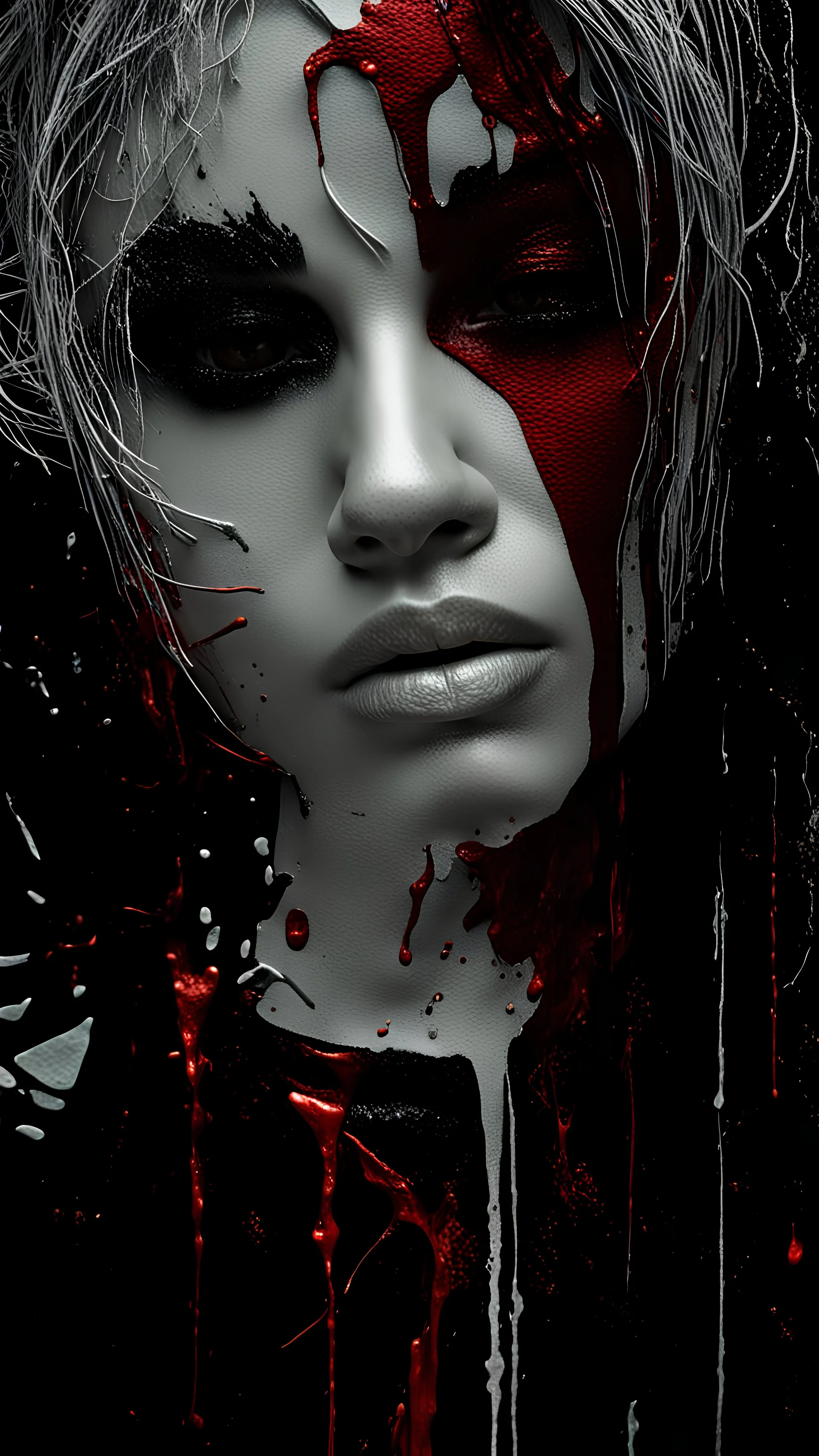 PAPERCUT 3d photo realistic portrait of young woman, dark fantasy, beautiful, dark eyes, dark make up, streaks of paint, paint blobs and smears, paint powder, textured, silver, molten metalics, wild hair, high definition, octane render, 64k, 3d