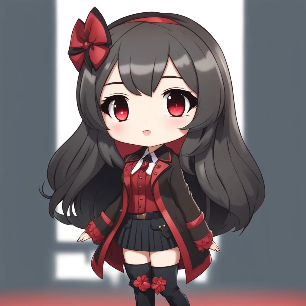 full body chibi woman with long dark brown hair, red eyes, bad girl vibe, modern clothes, New Years theme, intricately detailed, masterpiece, anime chibi doll, 4k