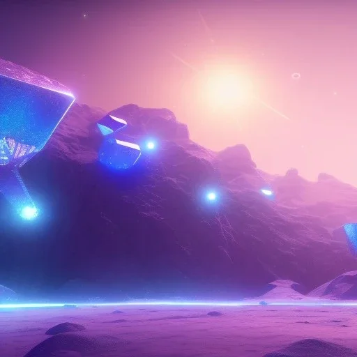 a crystalised blue pink spaceship, gold, diamonds, lightbeams, cosmic background, atmospheric, realistic, unreal engine, 8k. Cinematic lighting, octane render.